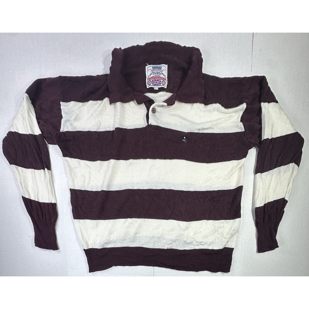 Louis Philippe London Rugby Polo Sweater Maroon Cream Striped Knit Shirt Men's L